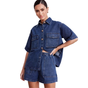 Women vintage dark blue denim set with short sleeve button-down shirt and high waist shorts