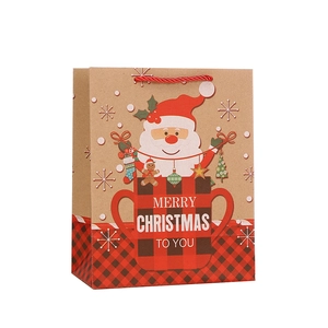Christmas kraft paper gift bag with Santa Claus print and red checkered borders