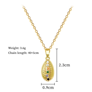 Detailed view of gold titanium necklace with size specs and five colorful gemstones
