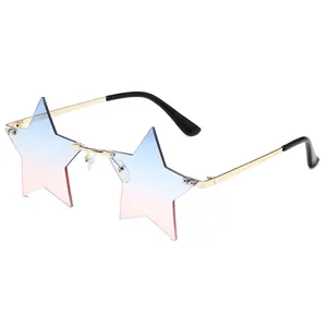 Star shaped rimless sunglasses with blue pink gradient lenses and gold metal frame