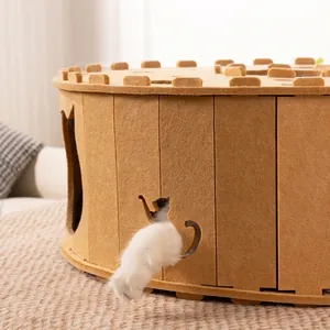 Durable round felt cat tunnel bed with cat silhouette cutout and interactive play holes