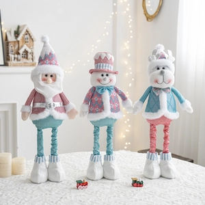 Pink and blue retractable leg Christmas plush dolls featuring Santa, Snowman and Reindeer