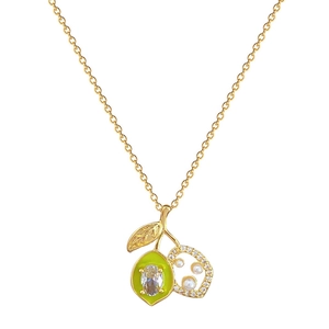 Titanium steel lemon pendant necklace with green enamel, zircons and pearls set in gold