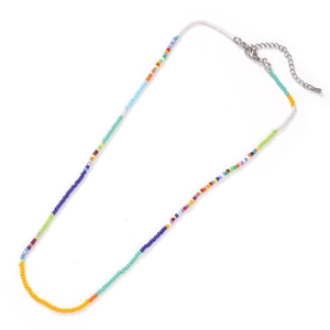 Handmade rainbow beaded necklace with colorful seed beads and adjustable silver clasp