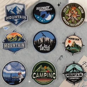 Outdoor Mountain Embroidery Patches Round Iron-on Badges For Clothing Bags Camping Adventure Nature Fabric DIY Cloth Stickers