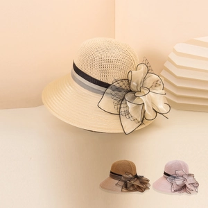 Women Straw Sun Hat Wide Brim Paper Woven Big Chiffon Flower Bowknot Elegant Beach Sunshade Holiday Accessory