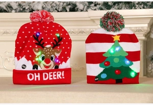 Detail of LED knitted Christmas hats showing reindeer pattern and ON/OFF switch