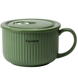 Green ceramic instant noodle bowl with vertical stripes, handle and matching lid