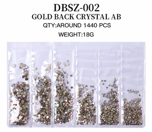 Flatback Crystal AB rhinestones in six sizes with gold backing for nail art decor