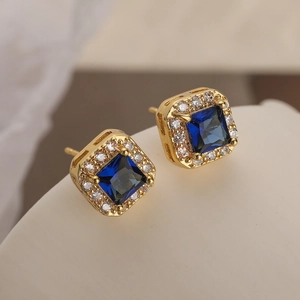 Minimalist square zircon stud earrings in 14k gold plating with deep blue center stone