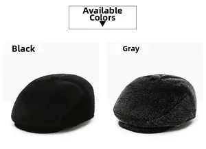 Detailed comparison of plush winter flat caps in black and grey soft fabric textures