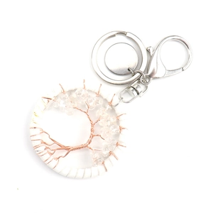 Macro detail of Tree of Life keychain featuring copper wire and white crystal stones