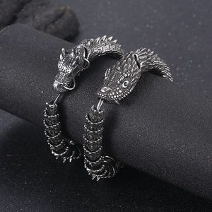 Retro stainless steel dragon scale bracelet with green gem eyes in antique silver finish