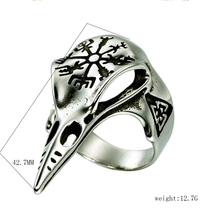 Silver Viking bird skull ring with Vegvisir and Valknut symbols in stainless steel
