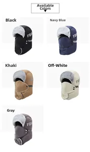 Detail view of various windproof winter trapper hats with earmuffs and detachable masks