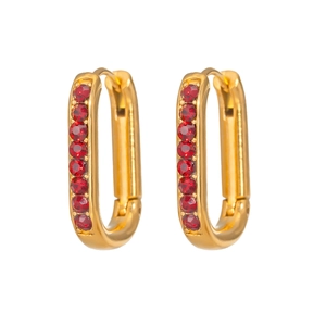 Detail of U-shaped gold earrings featuring channel-set red round gemstones on white background