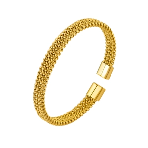 Modern gold woven mesh cuff bracelet with polished square ends and intricate metal texture
