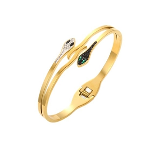 Gold double snake head bangle with contrasting black and white cubic zirconia crystals