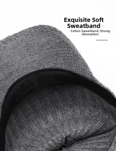 Detail of soft cotton sweatband inside gray knit hat with strong absorption features