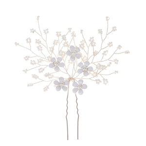 Elegant bridal silver hair pin with white flowers and pearls for wedding hairstyles