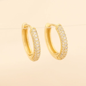 Macro shot of gold-plated hoop earrings with micro-paved cubic zirconia stones