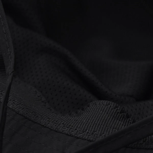 Detail of black outdoor hat showing breathable mesh lining and reinforced stitching