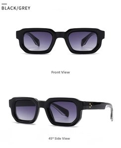 Detail view of retro square thick frame sunglasses with three gold star rivets on temple