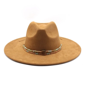 Detail of camel faux suede fedora with turquoise and coral bohemian beaded hatband