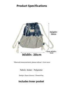 Detailed size specifications and material info for the 38x38cm drawstring backpack