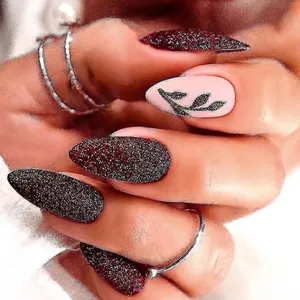 Matte Wine Red Glitter Press On Nails Almond Shape Pink Base Leaf Pattern Elegant Artificial False Finger Nails