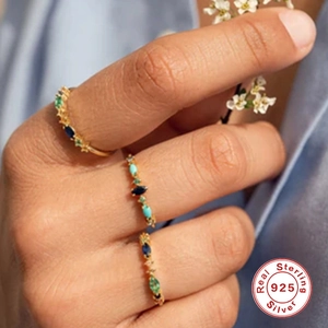 Elegant S925 sterling silver stacked rings with colorful marquise zircons on a model's hand