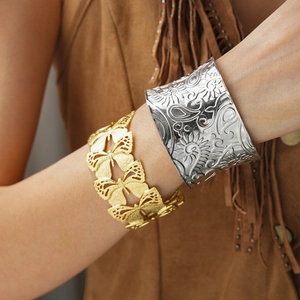 Vintage silver embossed open bangle and golden butterfly link bracelet set for women