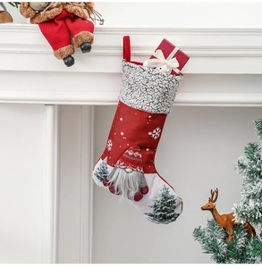 Close-up of Gnome Christmas stockings hanging on a white fireplace with festive decor