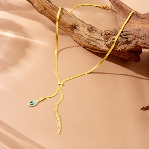 Gold plated stainless steel snake bone chain necklace with green crystal snake head