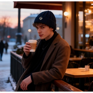 Stylish dark blue knit beanie worn by male model in a cozy winter outdoor cafe setting