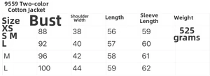 Detailed size chart for the casual winter padded jacket showing XS to L measurements