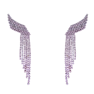 Elegant purple wing-shaped fringe earrings with inlaid crystals on a white background