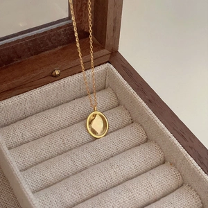 Close-up of minimalist gold oval pendant necklace on fabric jewelry box lining