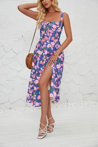 Detail view of floral print sun dress with high side slit and elegant lace-up square neck
