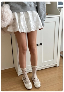 Detail view of white lace socks styled with white Mary Jane flats and polka dot tights