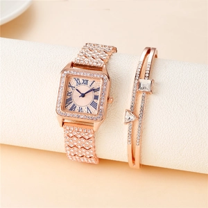 Square Case Women Quartz Watch And Bracelet Alloy Rhinestone Inlaid Full Star Design Blue Roman Numerals Wristwatch