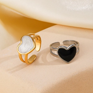 Heart Shaped Adjustable Ring Stainless Steel Enamel Dripping Oil Minimalist Hollow Band Gold Plated Elegant Jewelry Women