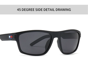 Lunettes de soleil TR carrées noir mat avec détail de branche tricolore, vue latérale à 45°