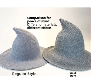 Comparison of two grey knitted wizard hats showing regular and wool blend materials