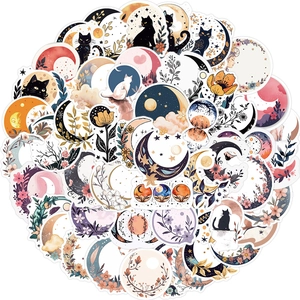 50pcs waterproof graffiti stickers featuring moon, black cat and floral designs for DIY