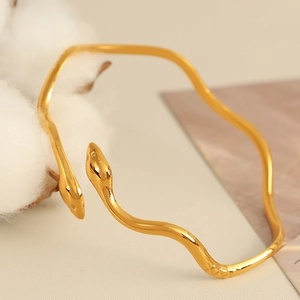 Elegant 18k gold plated stainless steel wave snake bracelet with double serpent heads
