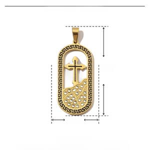 Detailed dimension guide for gold cross skull pendant with rhinestones and enamel inlay