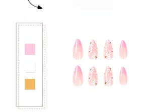 Detailed view of pink French tip press-on nails with hand-painted daisy floral patterns
