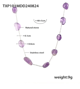 Detail showing natural purple stone necklace dimensions 40+5cm on stainless steel chain