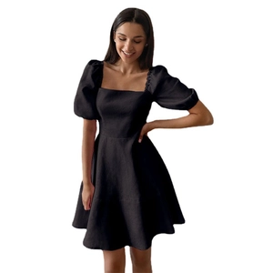 Elegant black square neck mini dress with short puff sleeves and high waist design